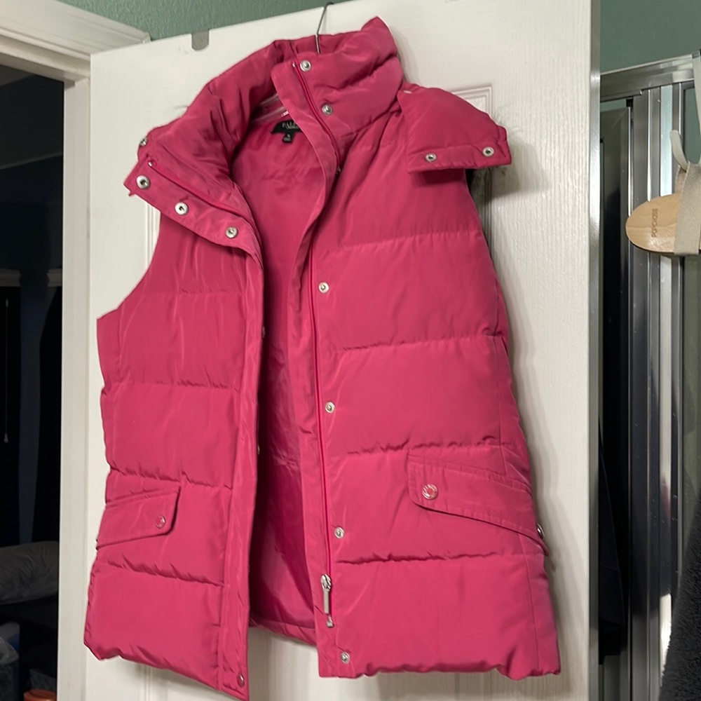 Talbots pink puffer vest with fur lined detachable hood